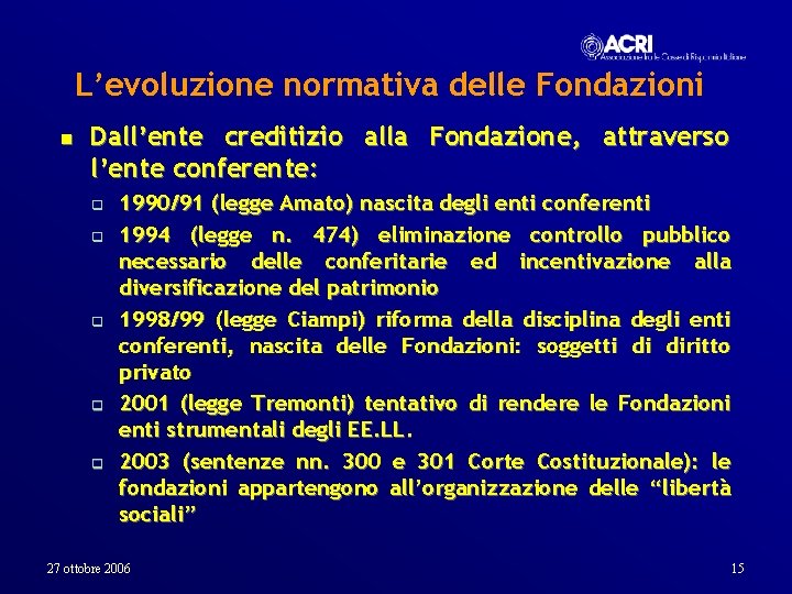 L’evoluzione normativa delle Fondazioni n Dall’ente creditizio alla Fondazione, attraverso l’ente conferente: q q