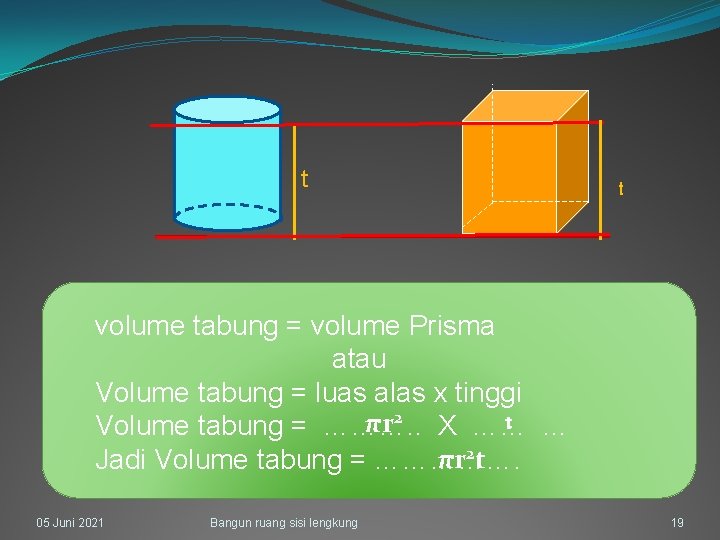 t t volume tabung = volume Prisma atau Volume tabung = luas alas x