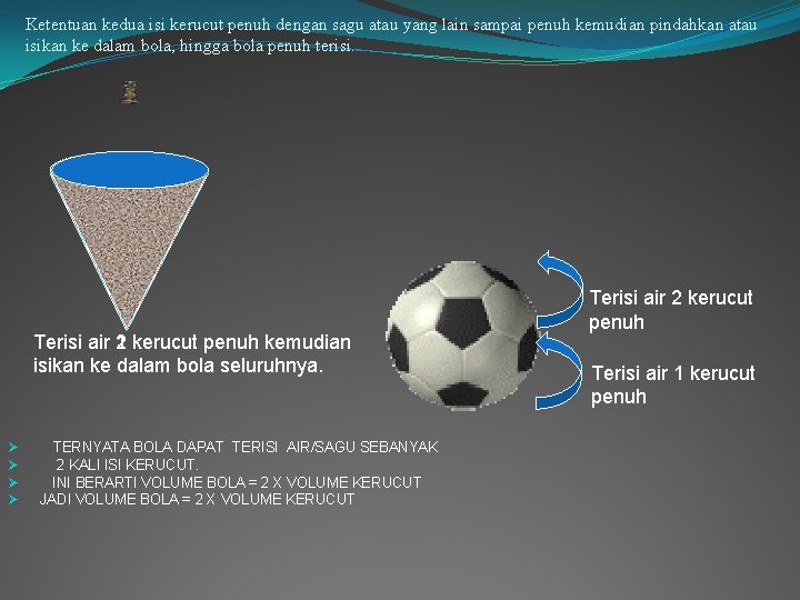 Ketentuan kedua isi kerucut penuh dengan sagu atau yang lain sampai penuh kemudian pindahkan