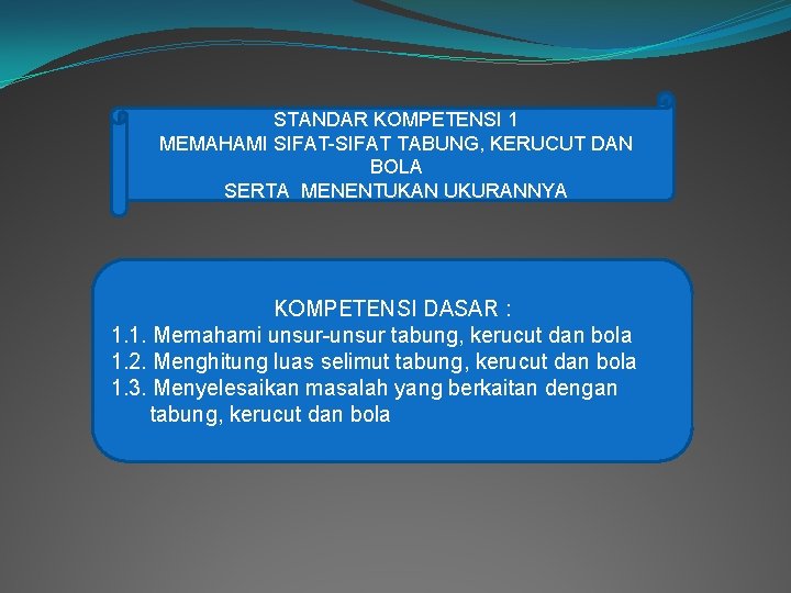 STANDAR KOMPETENSI 1 MEMAHAMI SIFAT-SIFAT TABUNG, KERUCUT DAN BOLA SERTA MENENTUKAN UKURANNYA KOMPETENSI DASAR