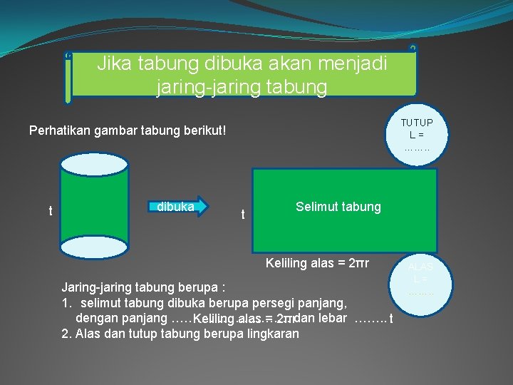 Jika tabung dibuka akan menjadi jaring-jaring tabung TUTUP L= ……. . Perhatikan gambar tabung