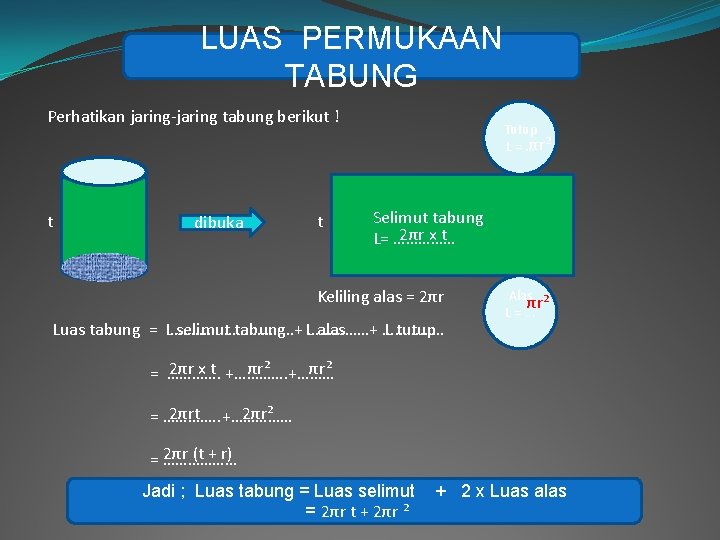 LUAS PERMUKAAN TABUNG Perhatikan jaring-jaring tabung berikut ! t dibuka t Tutup L =