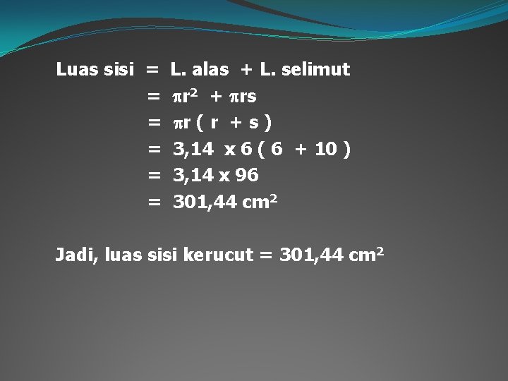 Luas sisi = = = L. alas + L. selimut r 2 + rs