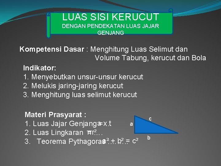 LUAS SISI KERUCUT DENGAN PENDEKATAN LUAS JAJAR GENJANG Kompetensi Dasar : Menghitung Luas Selimut