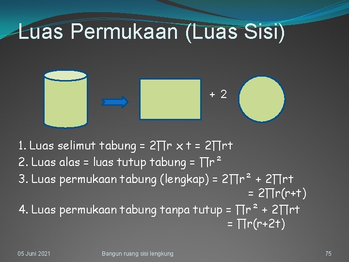 Luas Permukaan (Luas Sisi) + 2 1. Luas selimut tabung = 2∏r x t