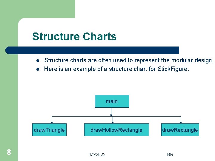 Structure Charts l l Structure charts are often used to represent the modular design.