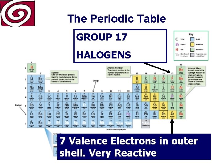 The Periodic Table GROUP 17 HALOGENS 7 Valence Electrons in outer shell. Very Reactive