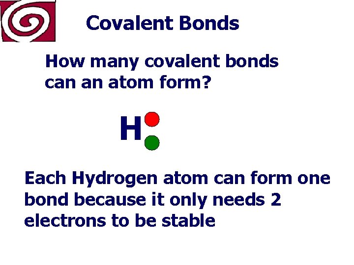 Covalent Bonds How many covalent bonds can an atom form? H Each Hydrogen atom