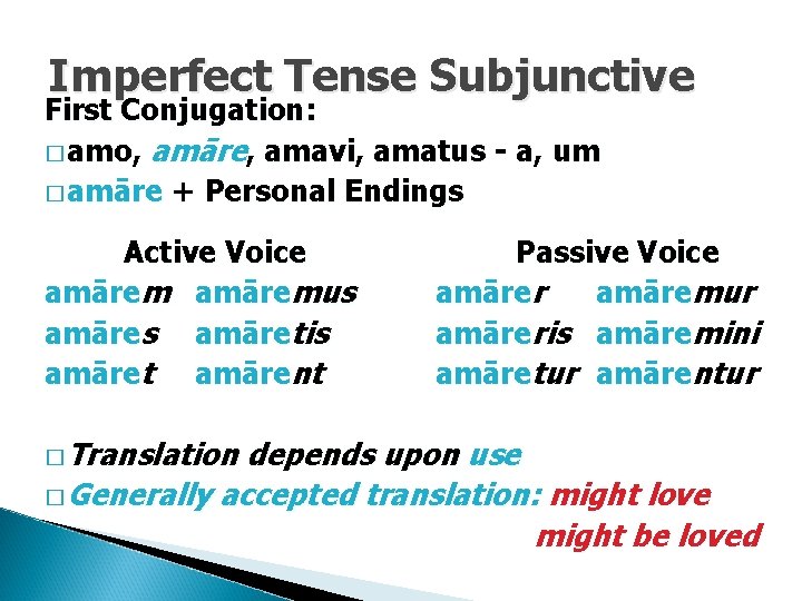 Imperfect Tense Subjunctive First Conjugation: � amo, amāre, amavi, amatus - a, um �