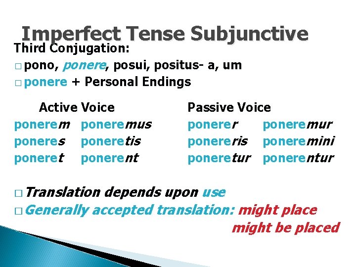 Imperfect Tense Subjunctive Third Conjugation: � pono, ponere, posui, positus- a, um � ponere