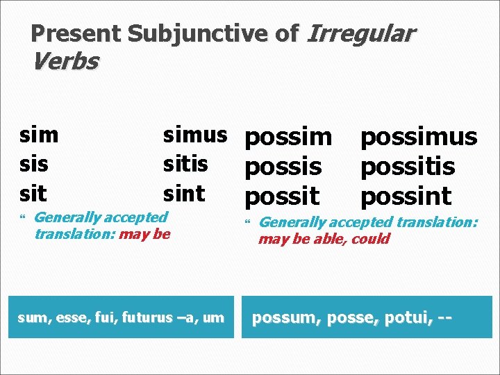 Present Subjunctive of Irregular Verbs sim sis sit simus sitis sint Generally accepted translation:
