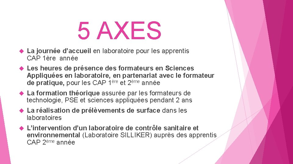 5 AXES La journée d’accueil en laboratoire pour les apprentis CAP 1ère année Les