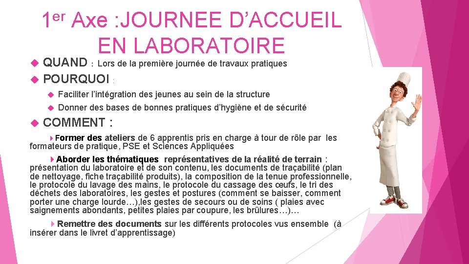 1 er Axe : JOURNEE D’ACCUEIL EN LABORATOIRE QUAND : Lors de la première