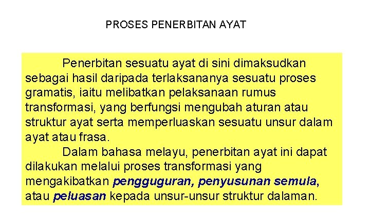 PROSES PENERBITAN AYAT Penerbitan sesuatu ayat di sini dimaksudkan sebagai hasil daripada terlaksananya sesuatu