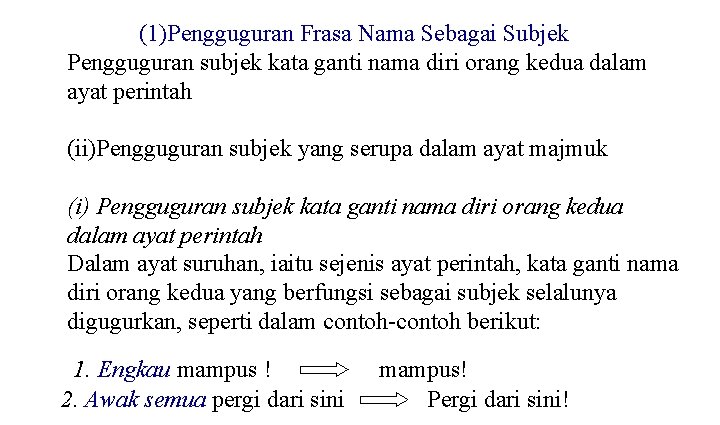(1)Pengguguran Frasa Nama Sebagai Subjek Pengguguran subjek kata ganti nama diri orang kedua dalam
