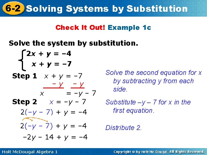 6 -2 Solving Systems by Substitution Check It Out! Example 1 c Solve the