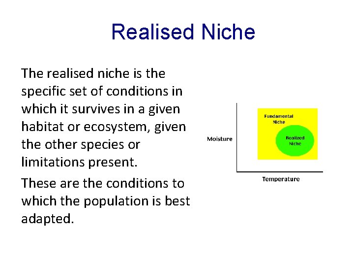 Realised Niche The realised niche is the specific set of conditions in which it