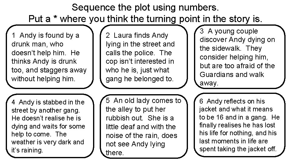 Sequence the plot using numbers. Put a * where you think the turning point
