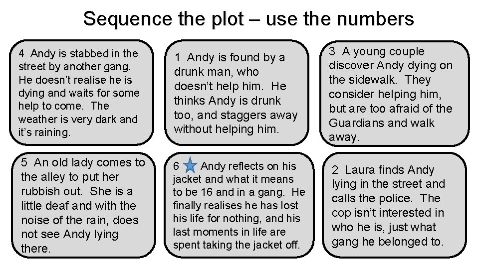 Sequence the plot – use the numbers 4 Andy is stabbed in the street