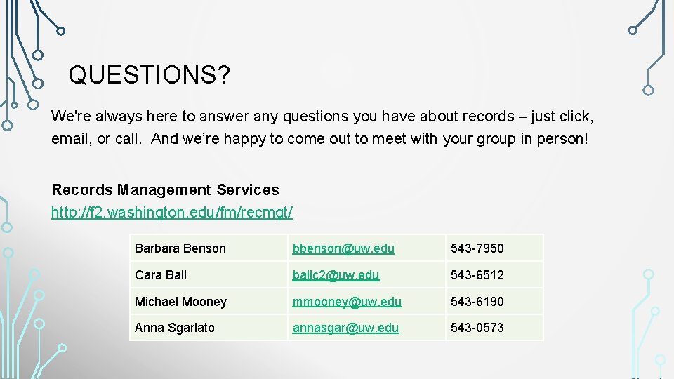 QUESTIONS? We're always here to answer any questions you have about records – just