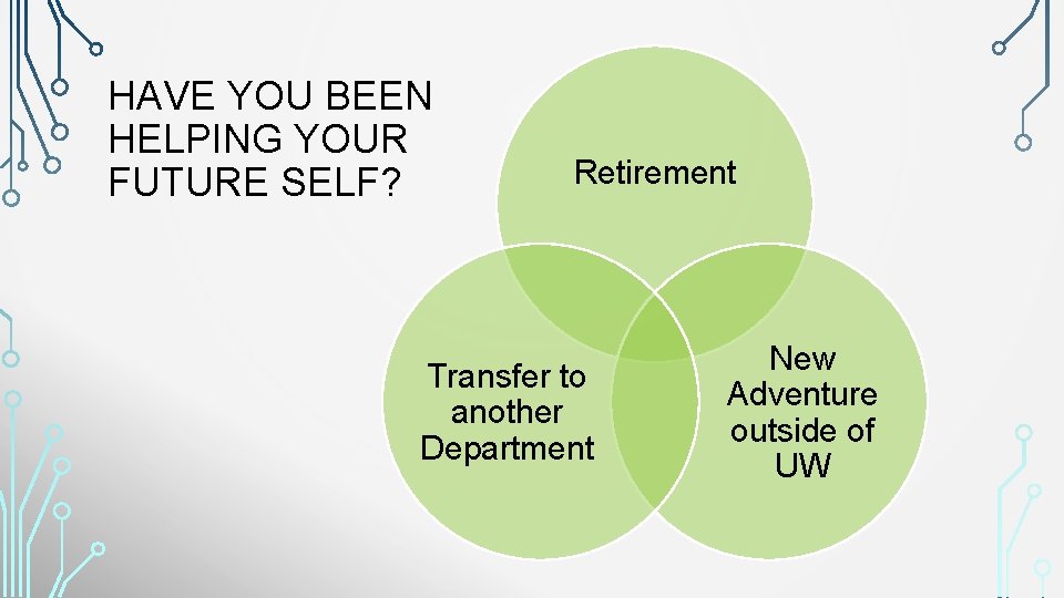 HAVE YOU BEEN HELPING YOUR FUTURE SELF? Retirement Transfer to another Department New Adventure