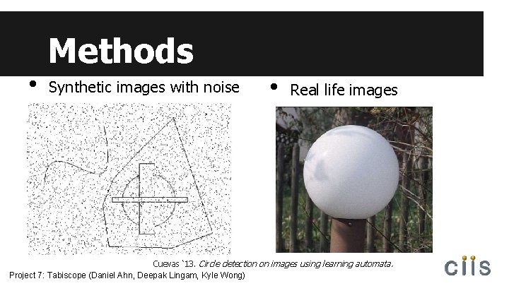 • Methods Synthetic images with noise • Real life images Cuevas ‘ 13.
