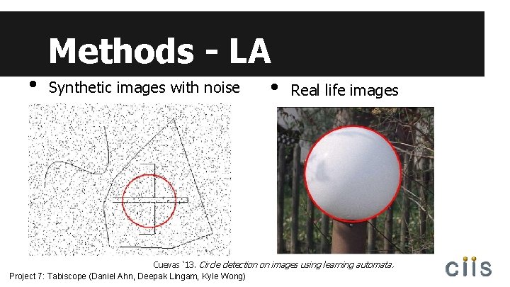 • Methods - LA Synthetic images with noise • Real life images Cuevas