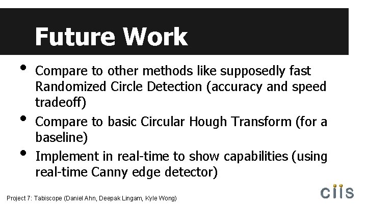 Future Work • • • Compare to other methods like supposedly fast Randomized Circle