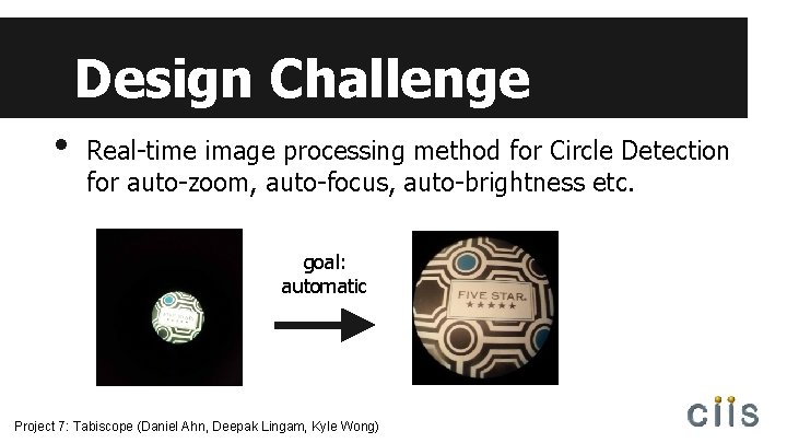 Design Challenge • Real-time image processing method for Circle Detection for auto-zoom, auto-focus, auto-brightness
