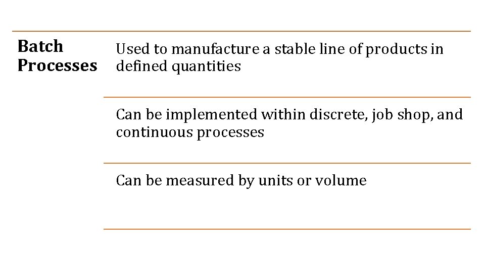 Batch Processes Used to manufacture a stable line of products in defined quantities Can