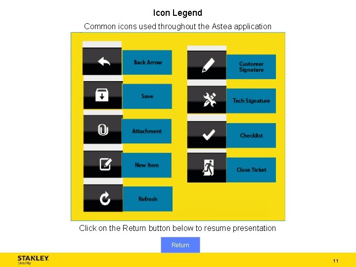 Icon Legend Common icons used throughout the Astea application Click on the Return button