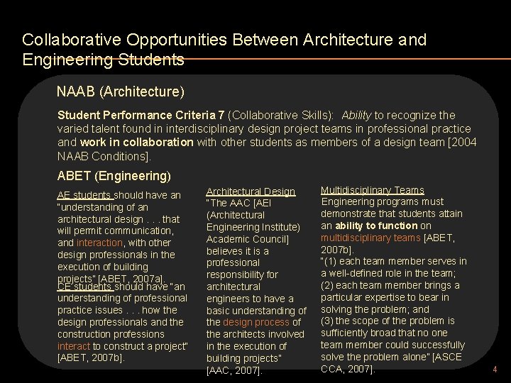 Collaborative Opportunities Between Architecture and Engineering Students NAAB (Architecture) Student Performance Criteria 7 (Collaborative