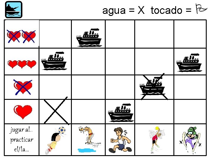 agua = X tocado = jugar al. . practicar el/la… 