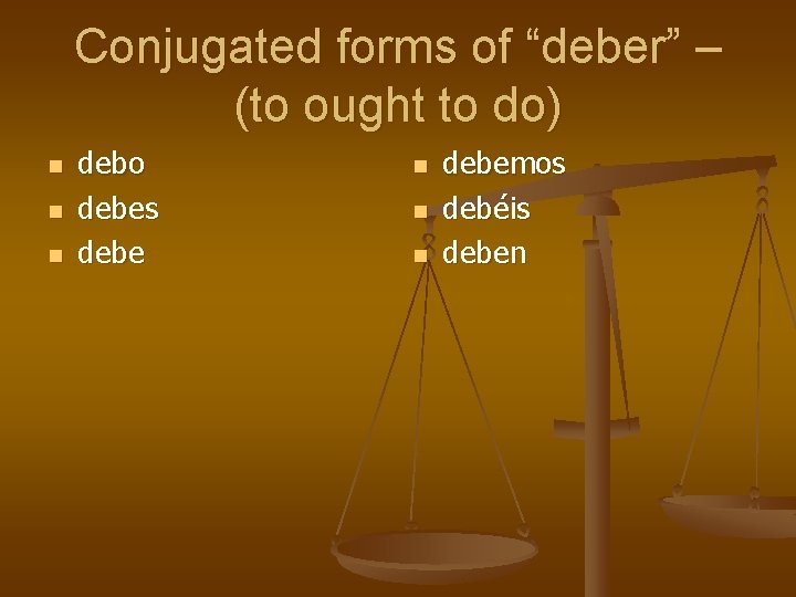 Conjugated forms of “deber” – (to ought to do) n n n debo debes