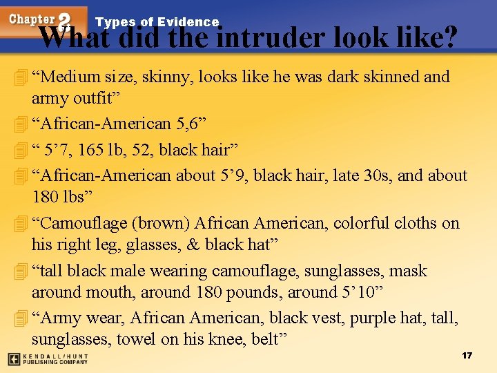 Types of Evidence What did the intruder look like? 4 “Medium size, skinny, looks