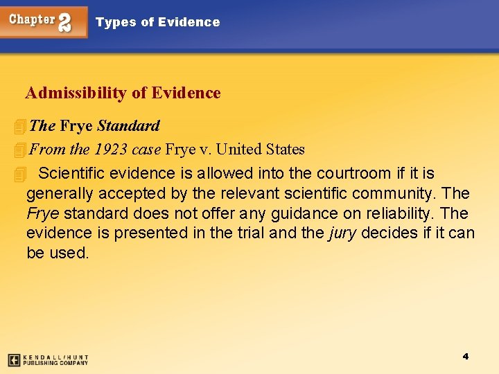 Types of Evidence Admissibility of Evidence 4 The Frye Standard 4 From the 1923