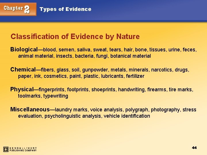 Types of Evidence Classification of Evidence by Nature Biological—blood, semen, saliva, sweat, tears, hair,