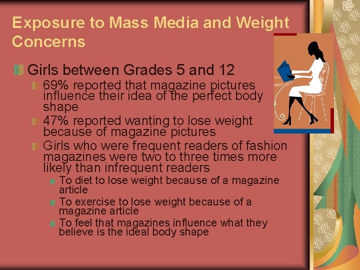 Exposure to Mass Media and Weight Concerns Girls between Grades 5 and 12 69%