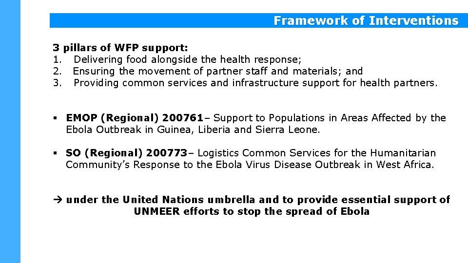 Framework of Interventions 3 pillars of WFP support: 1. Delivering food alongside the health