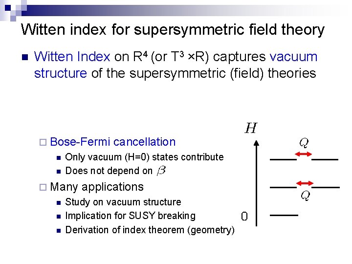 Witten index for supersymmetric field theory n Witten Index on R 4 (or T Witten index for supersymmetric field theory n Witten Index on R 4 (or T