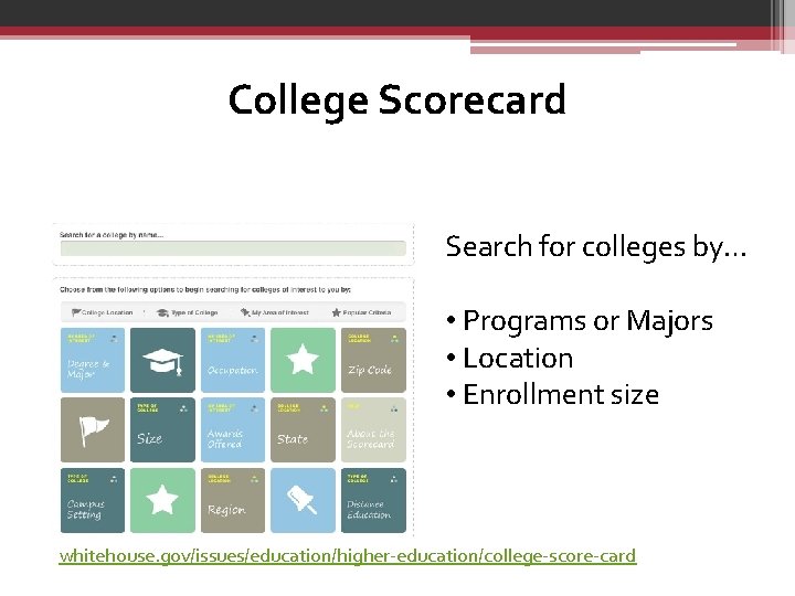 College Scorecard Search for colleges by… • Programs or Majors • Location • Enrollment