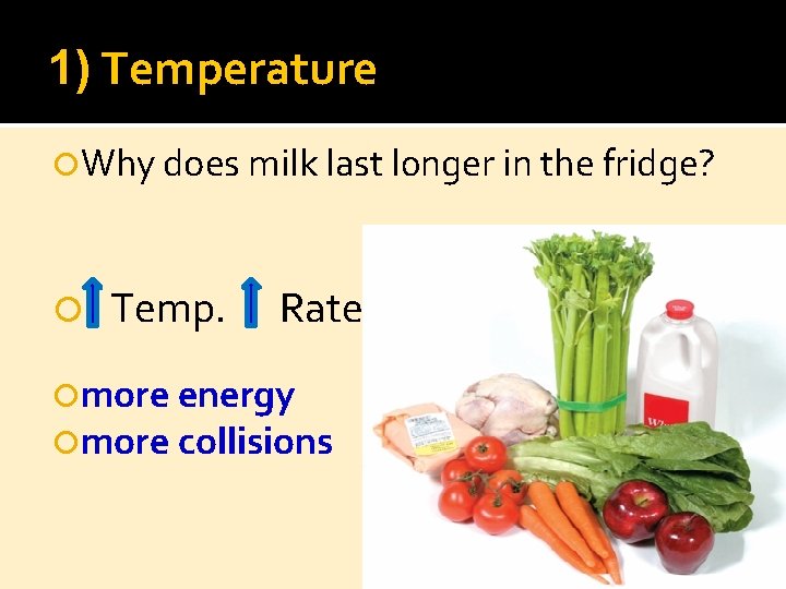 1) Temperature Why does milk last l 0 nger in the fridge? Temp. Rate