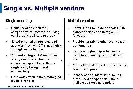 Single vs. Multiple vendors Single sourcing Multiple vendors • Optimum option if all the