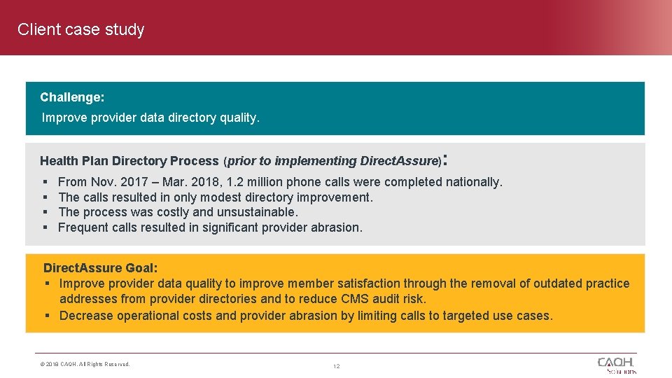 Client case study Challenge: Improve provider data directory quality. Health Plan Directory Process (prior