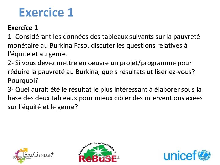 Exercice 1 1 - Considérant les données des tableaux suivants sur la pauvreté monétaire