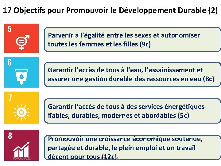 17 Objectifs pour Promouvoir le Développement Durable (2) Parvenir à l’égalité entre les sexes