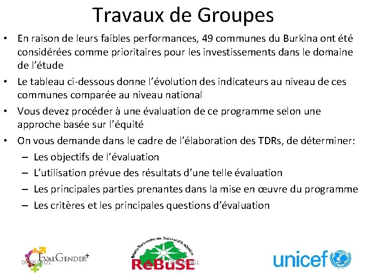 Travaux de Groupes • En raison de leurs faibles performances, 49 communes du Burkina