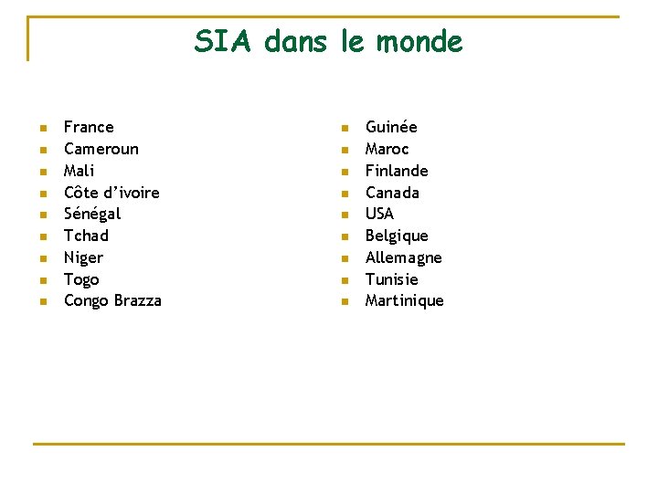 SIA dans le monde n n n n n France Cameroun Mali Côte d’ivoire