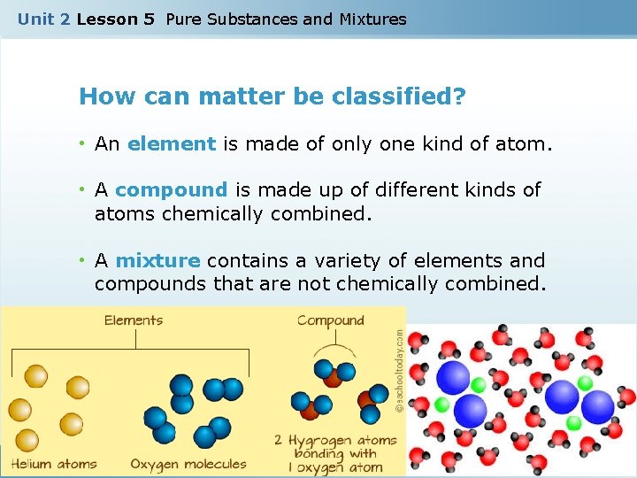 Unit 2 Lesson 5 Pure Substances and Mixtures How can matter be classified? •