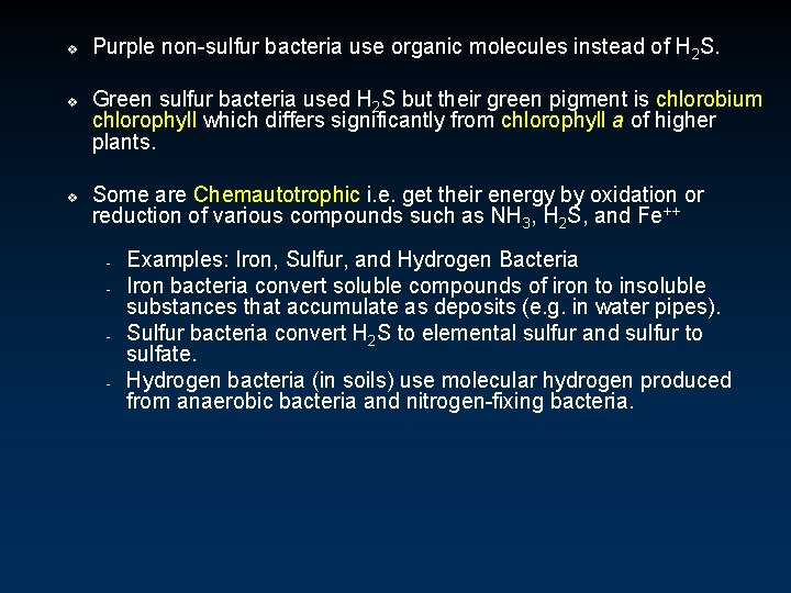 v v v Purple non-sulfur bacteria use organic molecules instead of H 2 S.